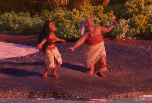 Two Cartoon Characters on Beach with Hands in Air