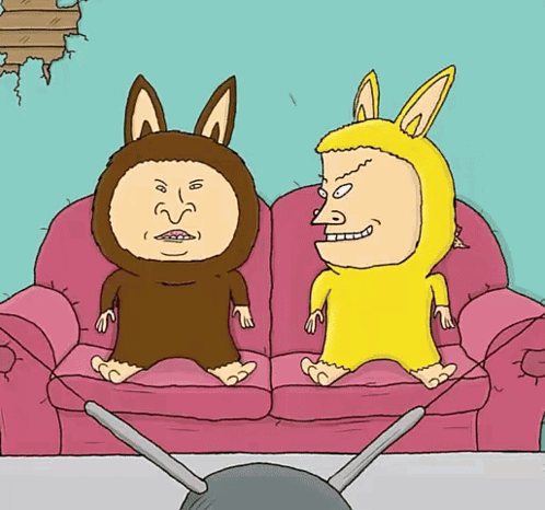 Two Cartoon Characters on Pink Couch One With Bunny Ears