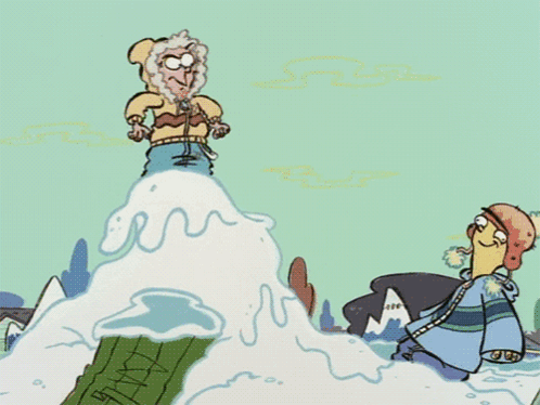 Two Cartoon Characters on Snowy Mountain