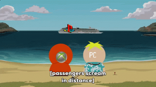 Two Cartoon Characters On The Beach With The Words Passengers Scream In Distance GIF