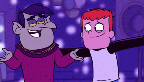 Two Cartoon Characters One in Purple Shirt