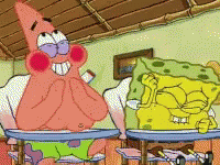 Two Cartoon Characters Patrick And Spongebob Are Sitting At A Table GIF