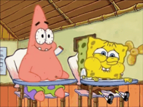 Two Cartoon Characters Patrick And Spongebob Are Sitting At Desks In A Classroom GIF