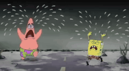 Two Cartoon Characters Patrick And Spongebob Are Standing Next To Each Other In The Rain GIF