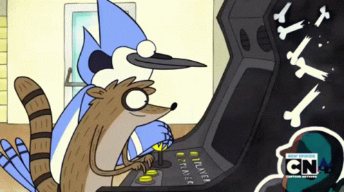 Two Cartoon Characters Playing Arcade Game With CN GIF