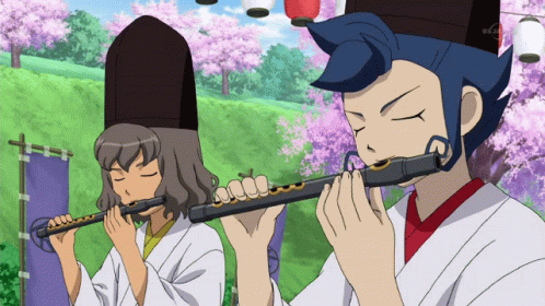 Two Cartoon Characters Playing Flutes Under Cherry Blossoms