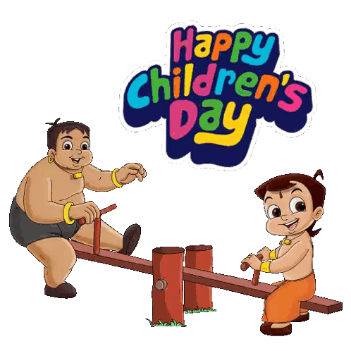 Two Cartoon Characters Playing on Seesaw Happy Children's Day
