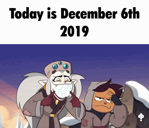 Two Cartoon Characters Pointing To December 6 2019 GIF