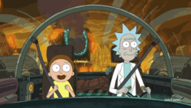 two cartoon characters rick and morty are sitting in a car with their seat belts on