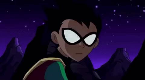 Two Cartoon Characters , Robin And Batman , Are Standing Next To Each Other And Talking To Each Other . GIF