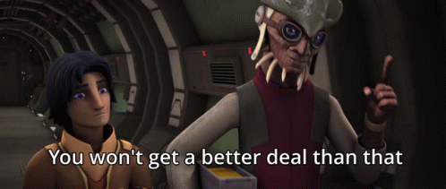 Two Cartoon Characters Saying You Won't Get A Better Deal Than That GIF