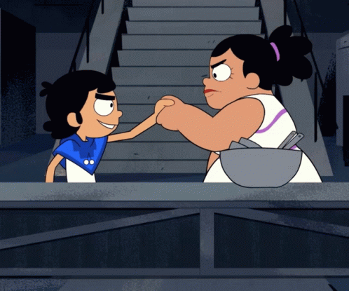 Two Cartoon Characters Shaking Hands One Holding Bowl