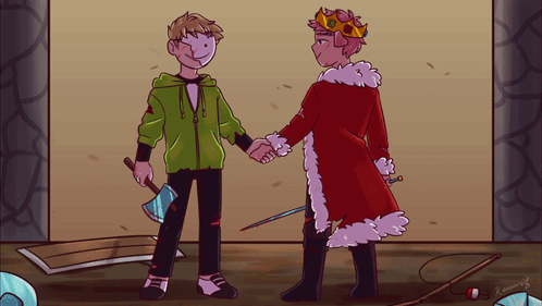 Two Cartoon Characters Shaking Hands With One Holding An Axe And One Holding A Sword GIF