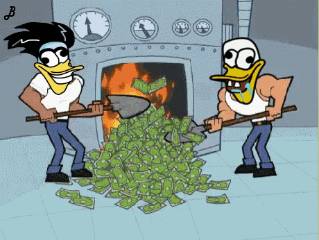 Two Cartoon Characters Shoveling Money Into A Fire With The Letter B On The Bottom Right GIF