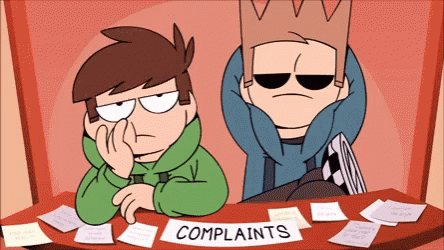 Two Cartoon Characters Sit At A Table With A Sign That Says " Complaints " GIF