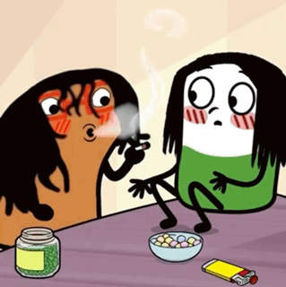 Two Cartoon Characters Sitting At A Table With A Bowl Of Candy And A Jar Of Green Beans GIF