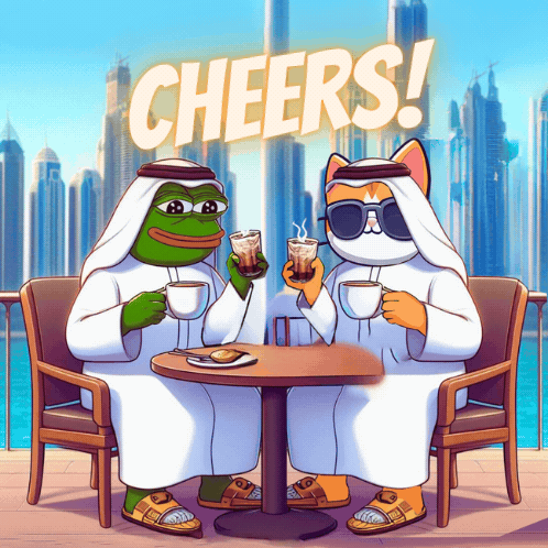 Two Cartoon Characters Sitting At A Table With Cheers Written On The Top GIF