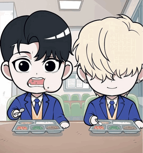 Two Cartoon Characters Sitting at Table