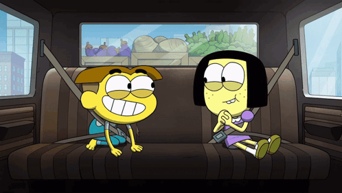 Two Cartoon Characters Sitting in Back of Car