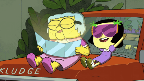 Two Cartoon Characters Sitting Kludge Truck