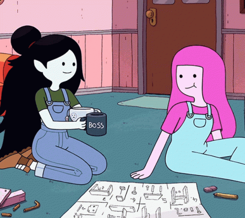 Two Cartoon Characters Sitting On The Floor One Holding A Mug That Says Boss GIF