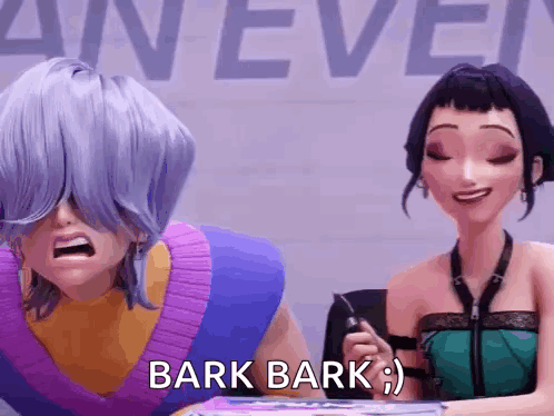 Two Cartoon Characters Sitting, One Saying Bark Bark