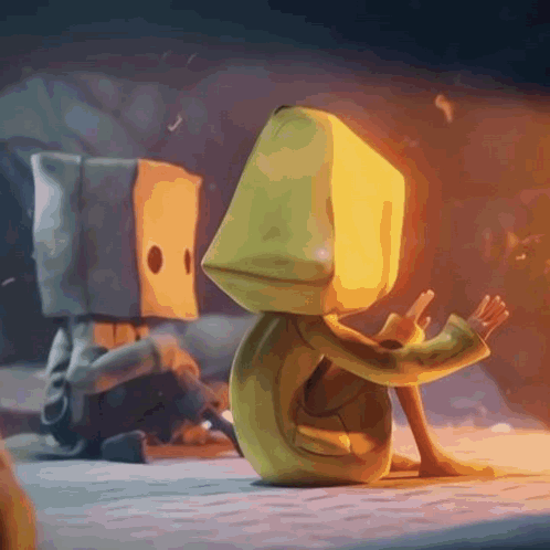 Two Cartoon Characters Sitting With Cardboard Boxes on Heads