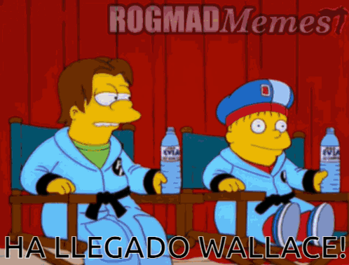 Two Cartoon Characters Sitting with Ha Llegado Wallace