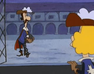 Two Cartoon Characters Standing Before Building, One Wearing Cowboy GIF