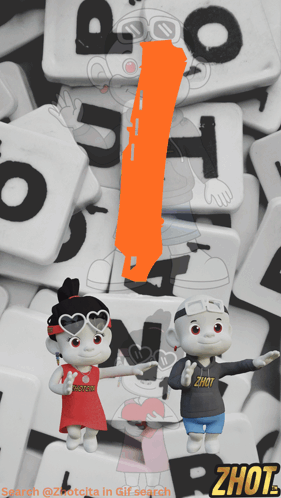 Two Cartoon Characters Standing by Scrabble Tiles With Orange 1
