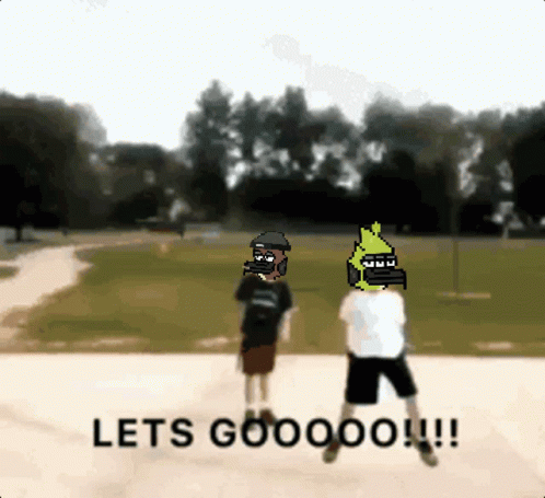 Two Cartoon Characters Standing In A Park With The Words Lets Gooooo !!! GIF