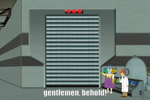 Two Cartoon Characters In Front Of Garage Door GIF