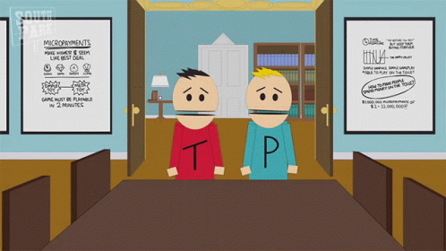 Two Cartoon Characters Standing In Front Of A Sign That Says Micropayments On It GIF