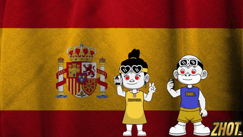Two Cartoon Characters Standing In Front Of A Spanish Flag With The Word Shot On The Bottom GIF