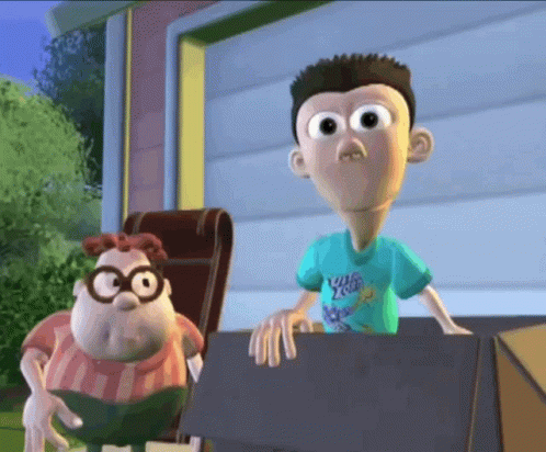 Two Cartoon Characters Standing Near House GIF
