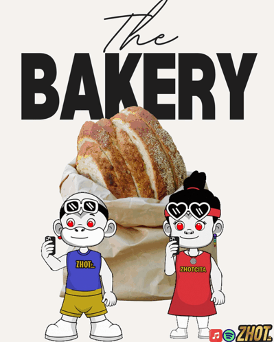 Two Cartoon Characters Standing Next To A Bag Of Bread With The Words The Bakery Behind Them GIF