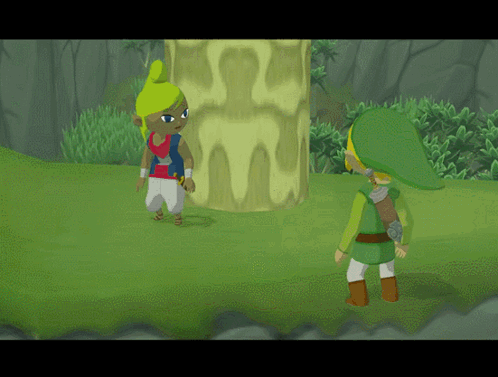 Two Cartoon Characters Standing Next To Each Other In A Game GIF