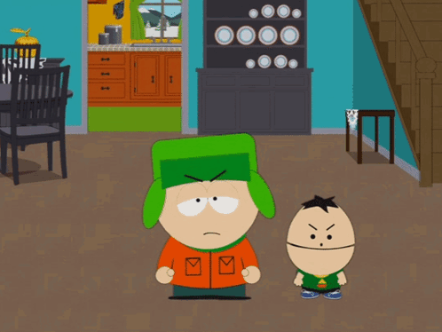 Two Cartoon Characters Standing Next To Each Other In A Room GIF