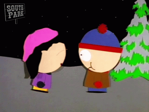 Two Cartoon Characters Standing Next To Each Other In Front Of A South Park Sign GIF