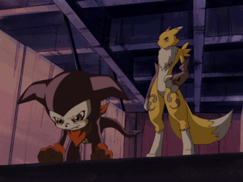 Two Cartoon Characters Standing Next To Each Other One Of Which Has The Letter C On Its Head GIF