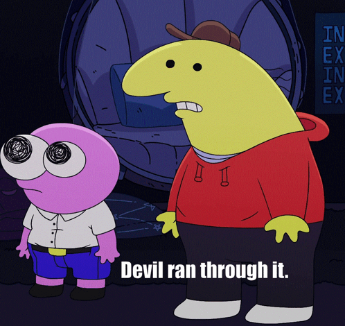 Two Cartoon Characters Standing Next To Each Other With The Words Devil Ran Through It GIF
