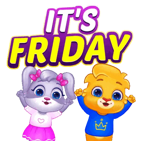 two cartoon characters standing next to each other with the words it 's friday above them