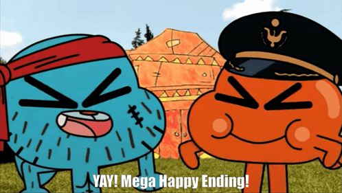 Two Cartoon Characters Standing Next To Each Other With The Words Mega Happy Ending Written Below Them GIF