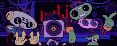 Two Cartoon Characters Standing Next to Speakers