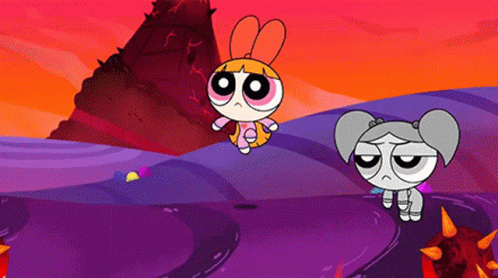 Two Cartoon Characters Standing on Purple Road
