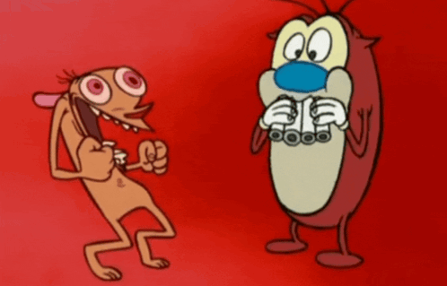 Two Cartoon Characters Standing, One With Blue Nose