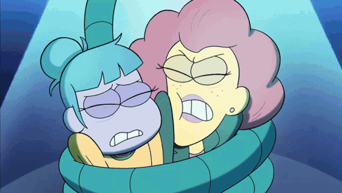 Two Cartoon Characters Tied Together Purple and Pink