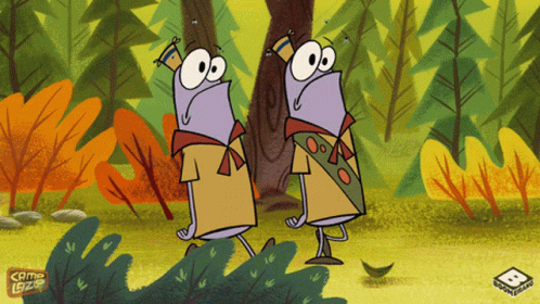 Two Cartoon Characters Walking In Woods Camp Bizz GIF