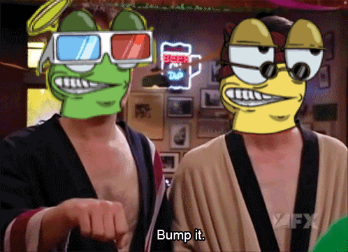 Two Cartoon Characters Wearing 3D Glasses Are Standing Next To Each Other And One Of Them Says Bump It GIF