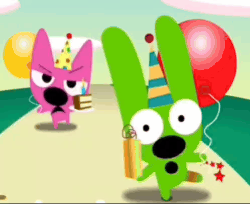 Two Cartoon Characters Wearing Party Hats And Holding Balloons Are Standing Next To Each Other GIF